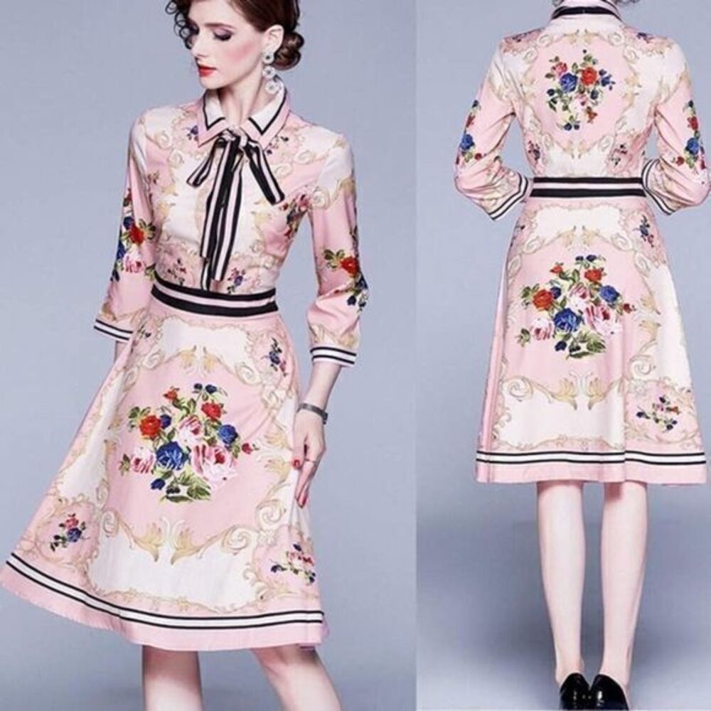 Floral Print Button up Casual A-line Midi Dress